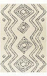 Close-up of the Canhaway Area Rug. Cream rug with black geometric diamond and zig zag pattern. Tassels on the ends. Design-Rectangle-537