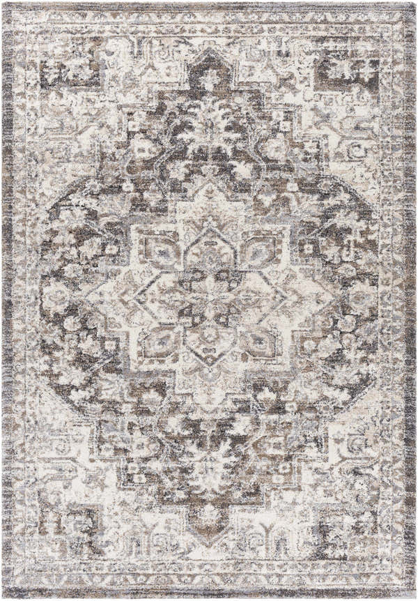 Close-up of the Cardston Thick Luxe Rug, showcasing its traditional oriental pattern in brown, charcoal, cream, and gray tones. Design-Rectangle-5373