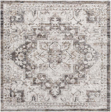 Close-up of the Cardston Thick Luxe Rug. Farmhouse style rug in brown, charcoal, cream, and gray with an oriental pattern. Design-Square-710