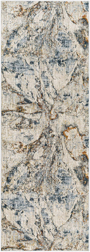 Close-up of the Cardup Beige Marble Rug. Contemporary style with beige, teal, and brick red marbling pattern. Design-Runner-2773