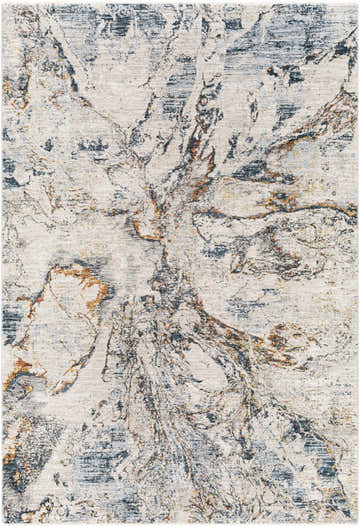Close-up of the Cardup Beige Marble Rug. Features a contemporary abstract pattern in cream, gray, teal, and brick red. Design-Rectangle-575