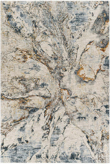 Close-up of the Cardup Beige Marble Rug. Abstract pattern in cream, light beige, gray, teal, and mustard. Design-Rectangle-6796