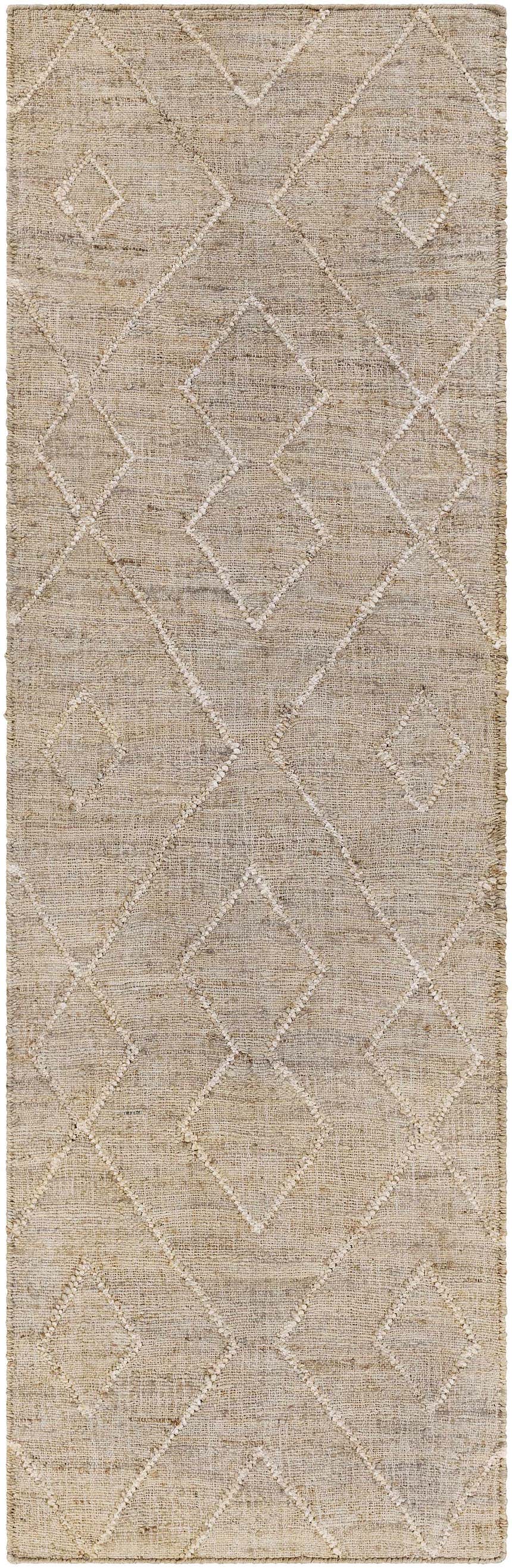 Close-up of the Carine Jute Area Rug. Hand-woven natural jute rug with a geometric diamond pattern in beige and ivory. Design-Runner-268