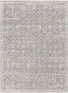 Close-up of the Carlton Area Rug, featuring a traditional floral pattern in denim, taupe, and cream hues. Design-Rectangle-582