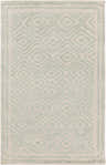 Close-up of the Carnegie Area Rug. Light beige wool rug with a geometric diamond pattern in sage green. Hand-knotted texture. Design-Rectangle-58