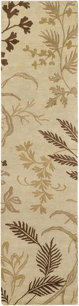 Close-up of the Carpinteria Area Carpet. Hand-knotted wool rug with a botanical design in dark brown, khaki, and tan hues. Design-Runner-2610