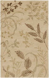Close-up of the Carpinteria Area Carpet. Hand-knotted wool rug in dark brown, khaki, and tan botanical leaf pattern. Design-Rectangle-58