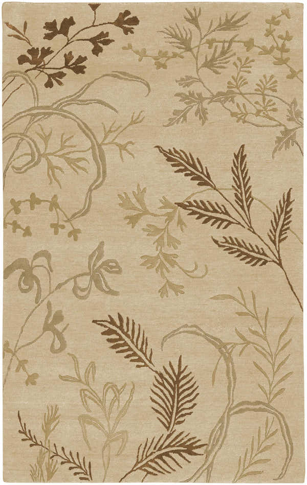 Close-up of the Carpinteria Area Carpet. Hand-knotted wool rug in dark brown, khaki, and tan botanical leaf pattern. Design-Rectangle-58