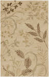 Close-up of the Carpinteria Area Carpet. Hand-knotted wool rug in dark brown, khaki, and tan botanical leaf pattern. Design-Rectangle-58