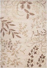 Close-up of the Carpinteria Area Carpet. Hand-knotted wool rug with a botanical design in dark brown, tan, and white tones. Design-Rectangle-913