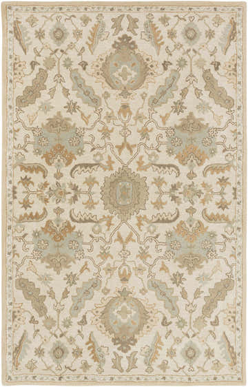 Close-up of the hand-tufted Carrolltown Area Rug. Cream wool rug with a traditional light brown, sage, and olive oriental pattern. Design-Rectangle-58