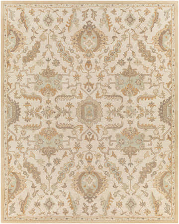 Close-up of the Carrolltown Area Rug. Cream wool rug with a traditional, light brown, olive, and sage oriental pattern. Design-Rectangle-7696