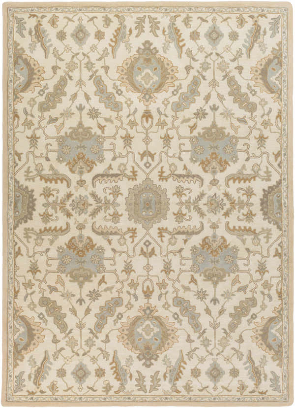 Close-up of the hand-tufted Carrolltown Area Rug. Cream wool rug with traditional light brown, olive, and dusty sage floral pattern. Design-Rectangle-811