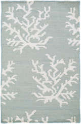 Close-up of Carversville Ice Blue Botanical Wool Rug. Ivory coral pattern on light blue, hand-woven texture. Clearance. Design-Rectangle-23