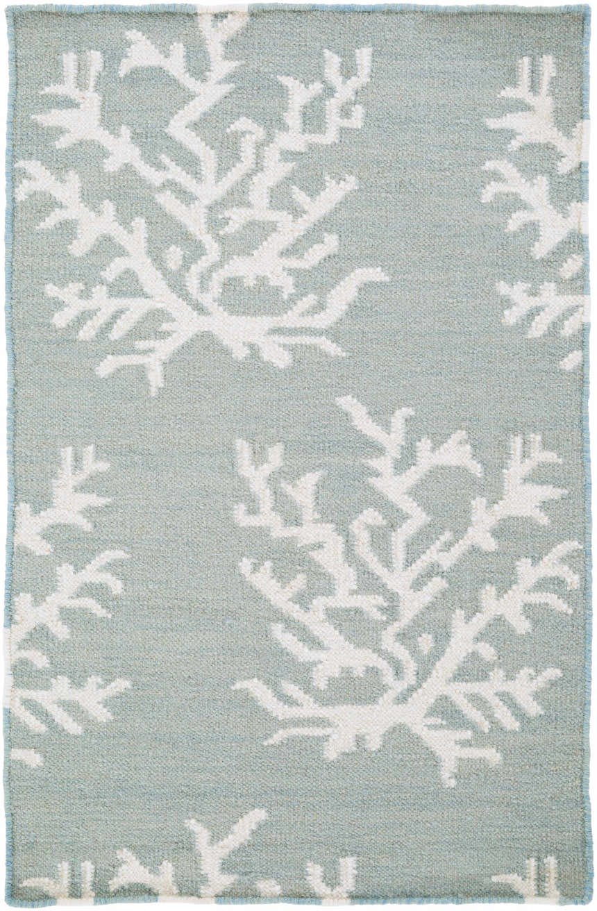 Close-up of Carversville Ice Blue Botanical Wool Rug. Ivory coral pattern on light blue, hand-woven texture. Clearance. Design-Rectangle-23