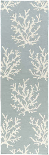 Close-up of Carversville Ice Blue Botanical Wool Rug. Ivory coral-like design on a light blue, hand-woven wool rug. Design-Runner-268