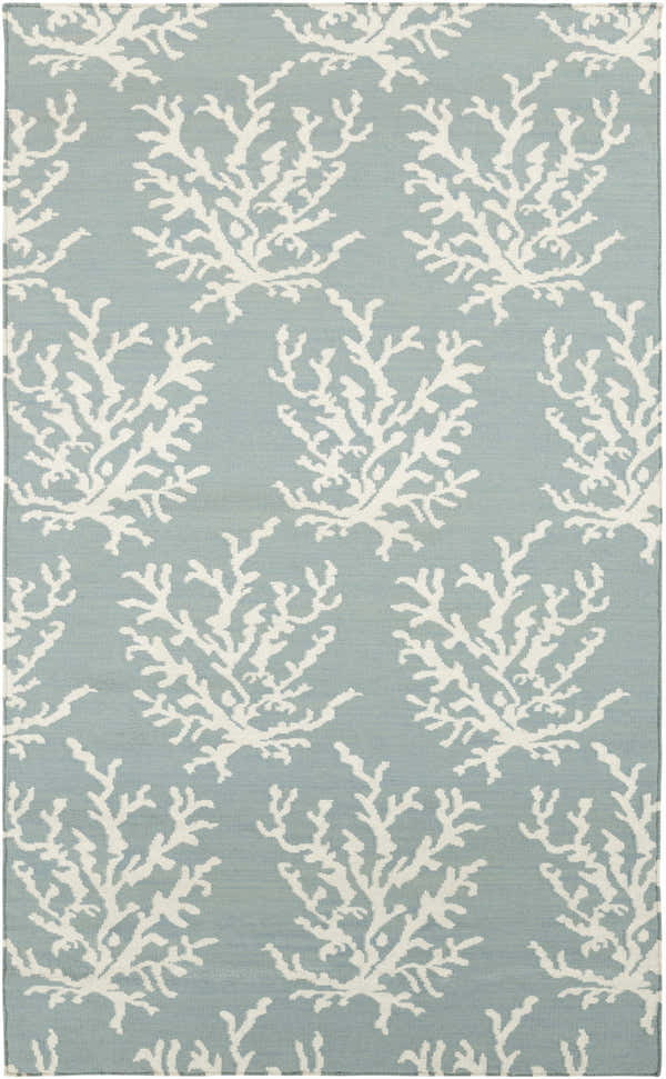 Close-up of Carversville Ice Blue Botanical Wool Rug featuring an ivory coral pattern on a light blue background. Design-Rectangle-58