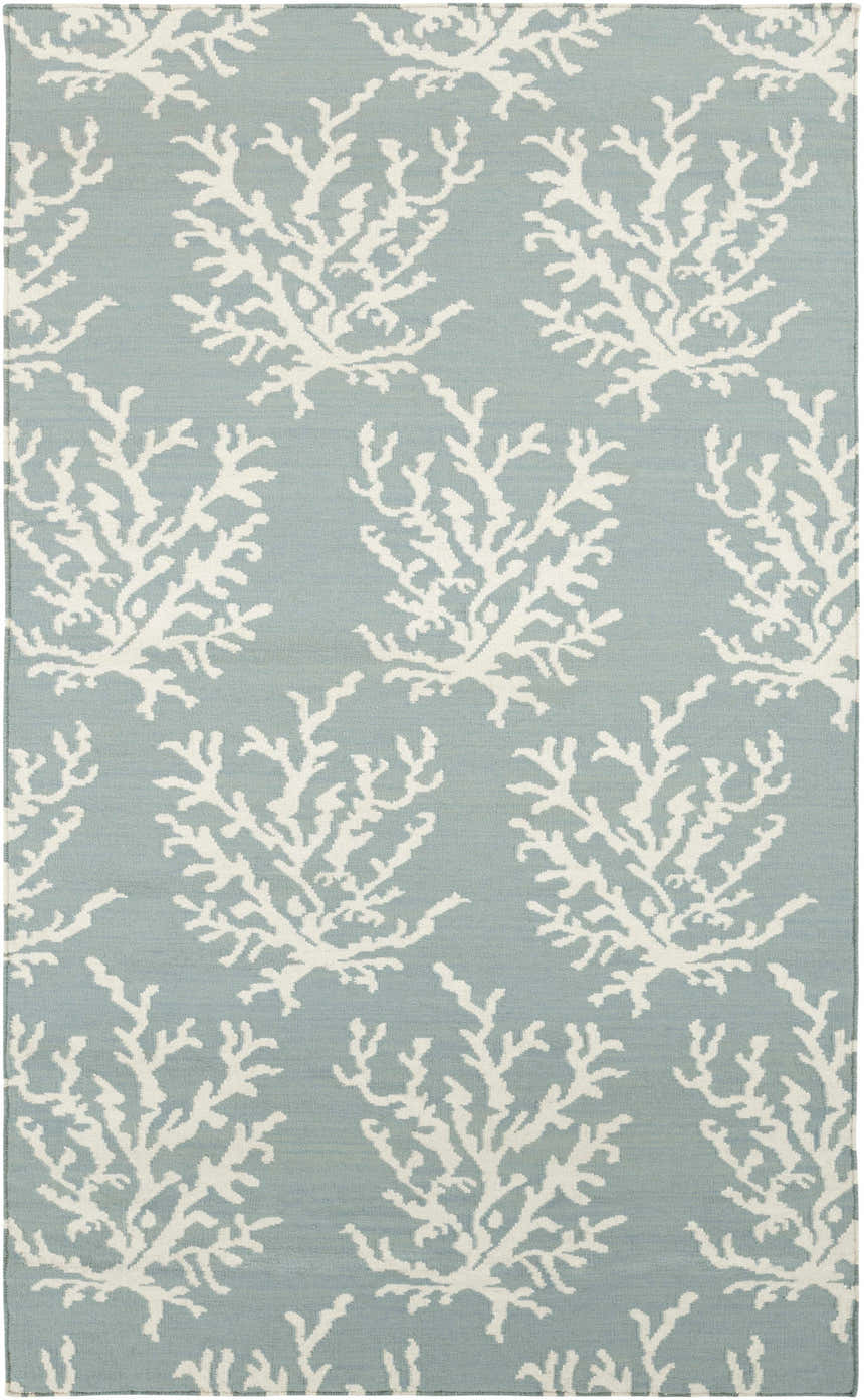 Close-up of Carversville Ice Blue Botanical Wool Rug featuring an ivory coral pattern on a light blue background. Design-Rectangle-58