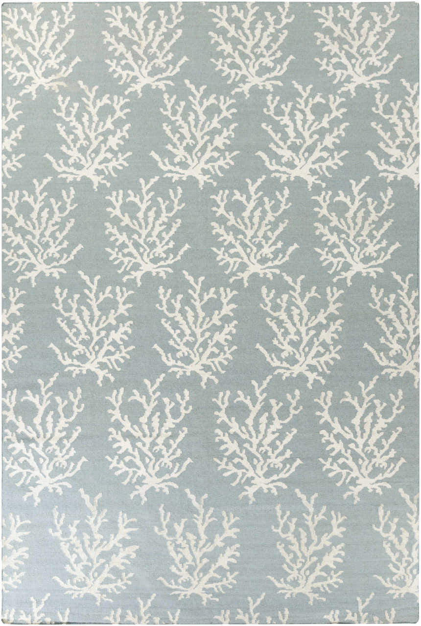 Close-up of Carversville Ice Blue Botanical Wool Rug featuring an ivory coral pattern on a light blue background. Design-Rectangle-811