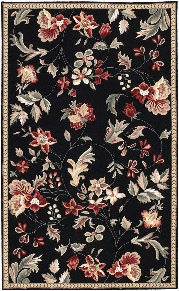 Close-up of the Casselton Area Rug, a black wool rug with a traditional floral pattern in burgundy, rust, olive, and tan. Design-Rectangle-58