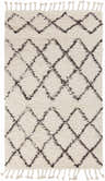 Close-up of a Catoosa White/Black Trellis Wool Rug. Features a geometric diamond pattern and fringe tassels. Shag texture. Design-Rectangle-576