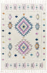 Close-up of the Catungan Area Rug. White shag rug with bohemian diamond pattern in aqua, blue, lavender, and burnt orange. Design-Rectangle-537