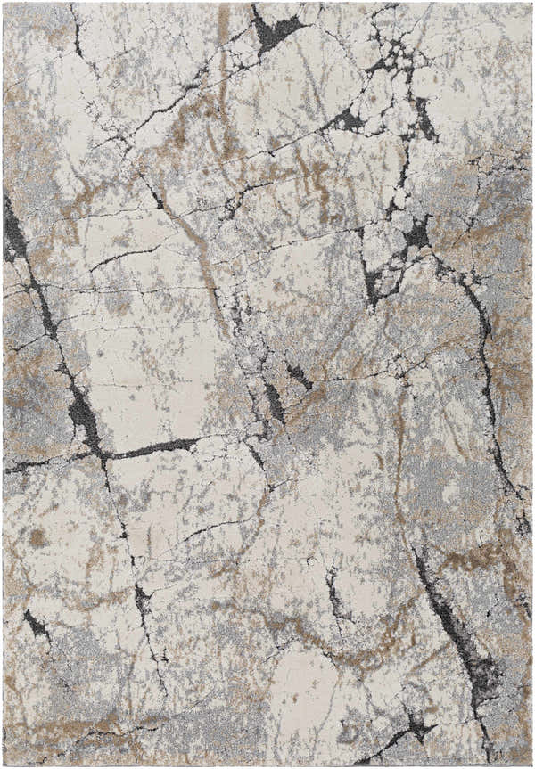 Close-up of the Cavetown Gray Marble Thick Rug, showcasing its charcoal, gray, ivory, and tan marble-like pattern. Design-Rectangle-5373