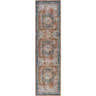 Close-up of the Cayanguan Area Rug in beachhouse brown and blue. Traditional oriental pattern with a distressed vintage look. Design-Runner-2710