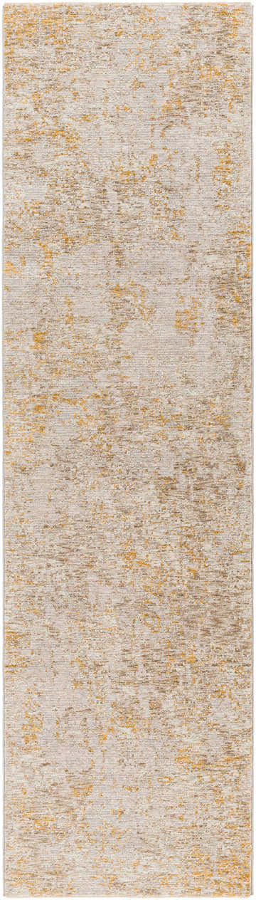 Close-up of Cayhagan Mustard Luxe Rug. Abstract design with light brown, gray, tan, and mustard hues. Machine woven polyester texture. Design-Runner-2710