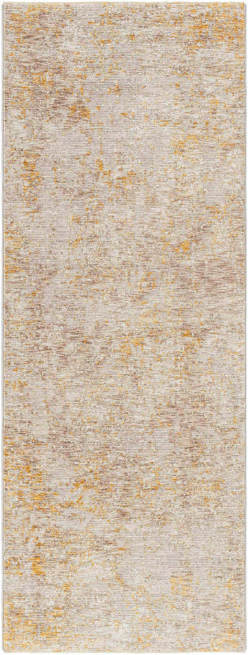 Close-up of the Cayhagan Mustard Luxe Rug. Features light brown, gray, and mustard hues in a contemporary abstract design. Design-Runner-2710