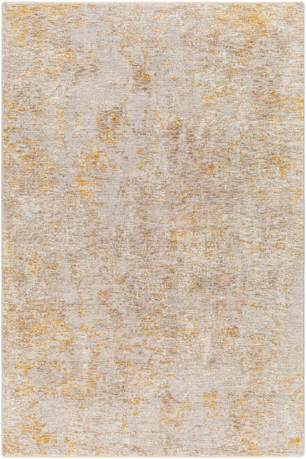 Close-up of Cayhagan Mustard Luxe Rug. Contemporary design with light brown, gray, tan, and mustard hues. Design-Rectangle-575