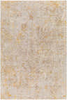 Close-up of Cayhagan Mustard Luxe Rug. Contemporary design with light brown, gray, tan, and mustard hues. Design-Rectangle-575