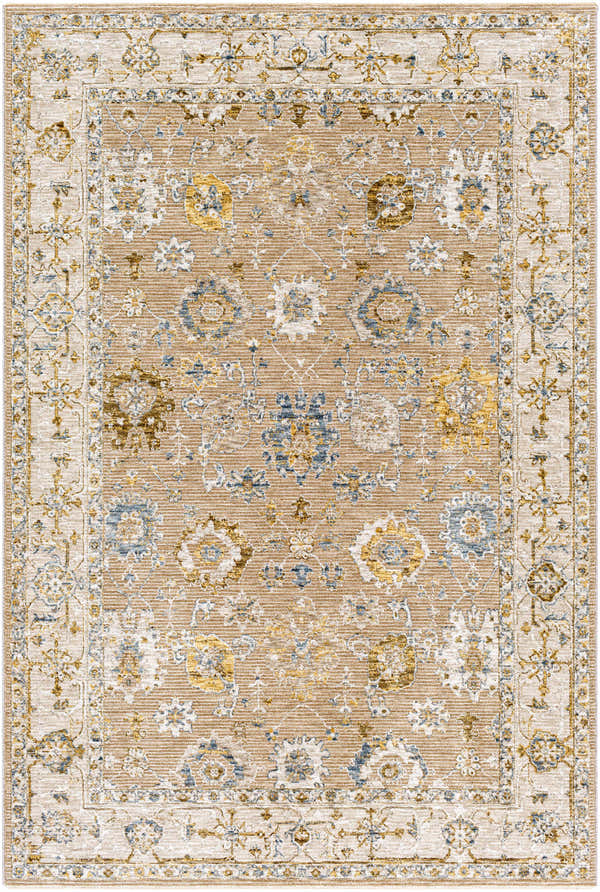 Close-up of the Cabinteely Luxe Oushak Rug. Features a traditional floral pattern in cream, denim, mustard, and light brown tones. Design-Rectangle-575