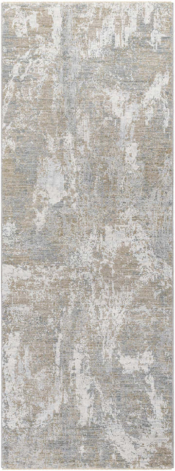 Close-up of the Cady Thick Luxe Area Rug, showcasing its abstract design in cloud gray, light gray, and medium brown tones. Design-Runner-2773