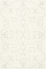 Close-up of the Celia Area Rug; a hand-tufted, 100% wool rug with a geometric gray pattern on an ivory background. Design-Rectangle-576