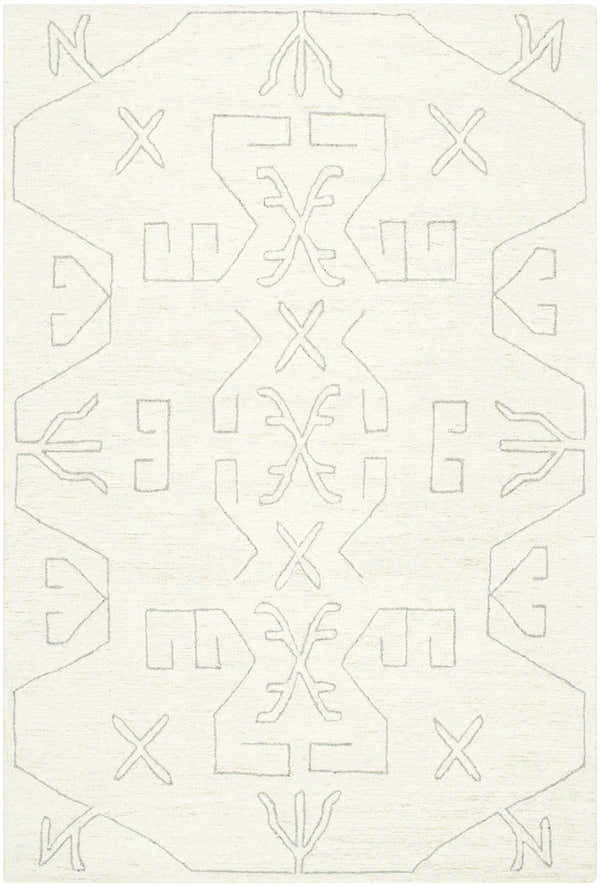 Close-up of the Celia Area Rug; a hand-tufted, 100% wool rug with a geometric gray pattern on an ivory background. Design-Rectangle-576