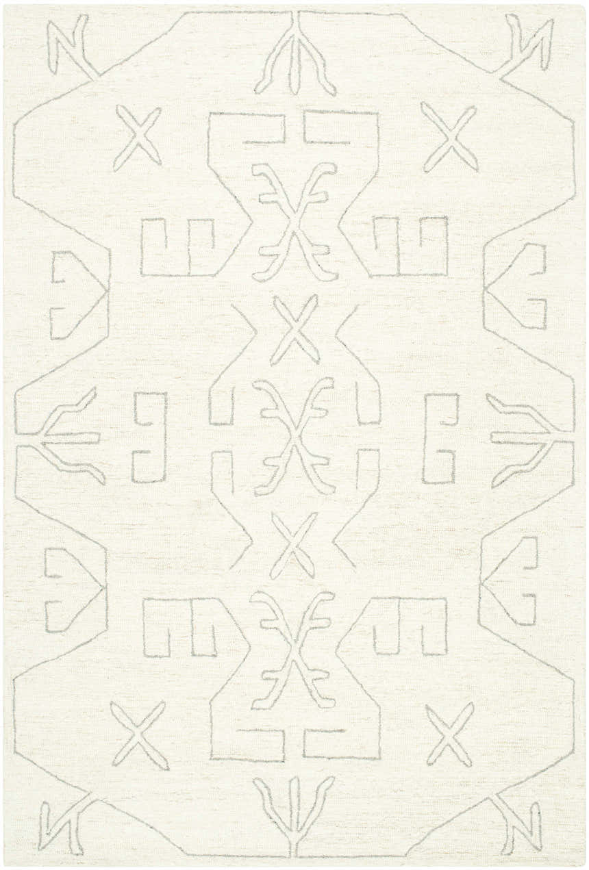 Close-up of the Celia Area Rug; a hand-tufted, 100% wool rug with a geometric gray pattern on an ivory background. Design-Rectangle-576