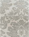 Close-up of the Cementon Area Rug. Gray floral damask pattern on ivory wool, hand-tufted texture. Clearance item. Design-Rectangle-7696