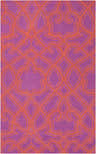 Close-up of Chadron Area Carpet. Hand-woven wool rug with a fuchsia background and brick red geometric pattern. Design-Rectangle-58