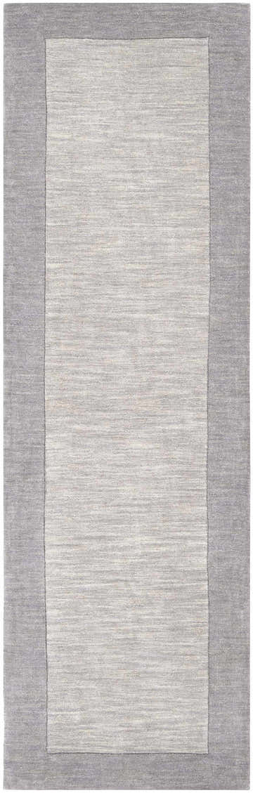 Close-up of a hand-loomed Bordered Solid Gray Wool Rug. The rug has a charcoal border and a light gray center. Design-Runner-268