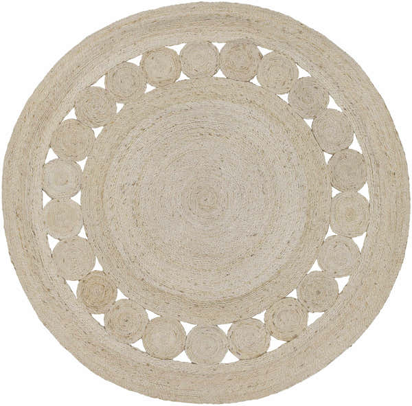 Close-up of a Stafford Bleached Jute Round Rug, featuring a circle of jute rosettes around the rug's edge. Beige, natural fiber texture. Design-Round-3