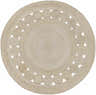 Close-up of a Stafford Bleached Jute Round Rug, featuring a circle of jute rosettes around the rug's edge. Beige, natural fiber texture. Design-Round-3