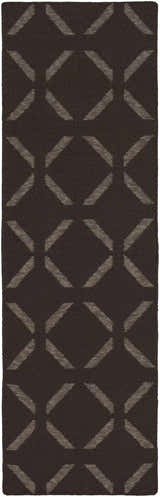 Close-up of the Charty Hand Woven Area Carpet. Dark brown wool rug with an off white geometric diamond pattern. Design-Runner-268