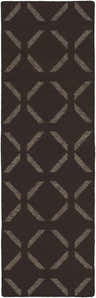 Close-up of the Charty Hand Woven Area Carpet. Dark brown wool rug with an off white geometric diamond pattern. Design-Runner-268