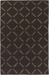 Close-up of the Charty Hand Woven Area Carpet. Dark brown wool rug with an off-white geometric diamond pattern. Design-Rectangle-576