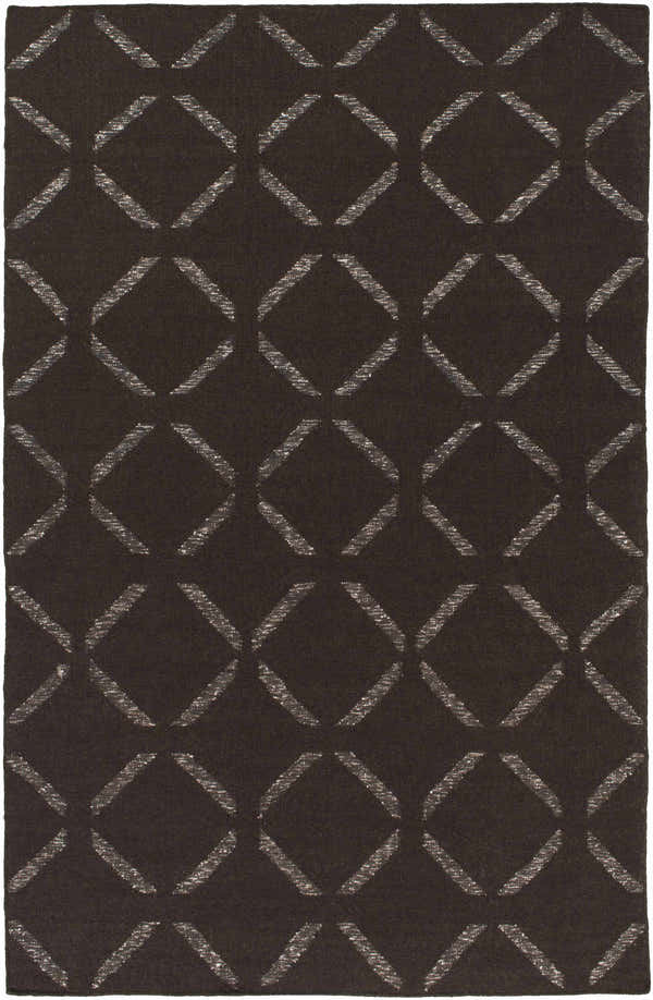Close-up of the Charty Hand Woven Area Carpet. Dark brown wool rug with an off-white geometric diamond pattern. Design-Rectangle-576