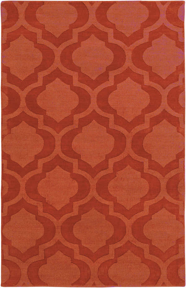 Brick red Chatom Area Rug with a contemporary quatrefoil pattern. Hand-loomed 100% wool rug. Design-Rectangle