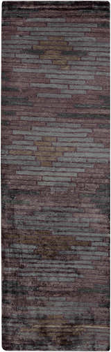 Close-up of the Cherokee Carpet, a hand-knotted rug in charcoal, gray, light olive, lilac, and plum hues. Design-Runner-268