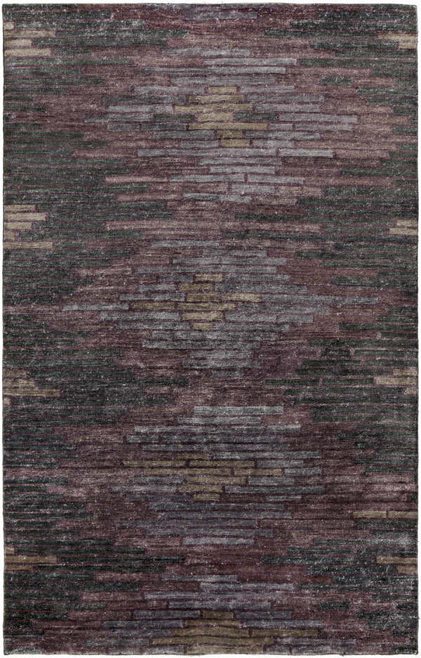 Close-up of a Cherokee Carpet - Clearance rug. Hand-knotted viscose rug in charcoal, gray, light olive, lilac, and plum. Design-Rectangle-58