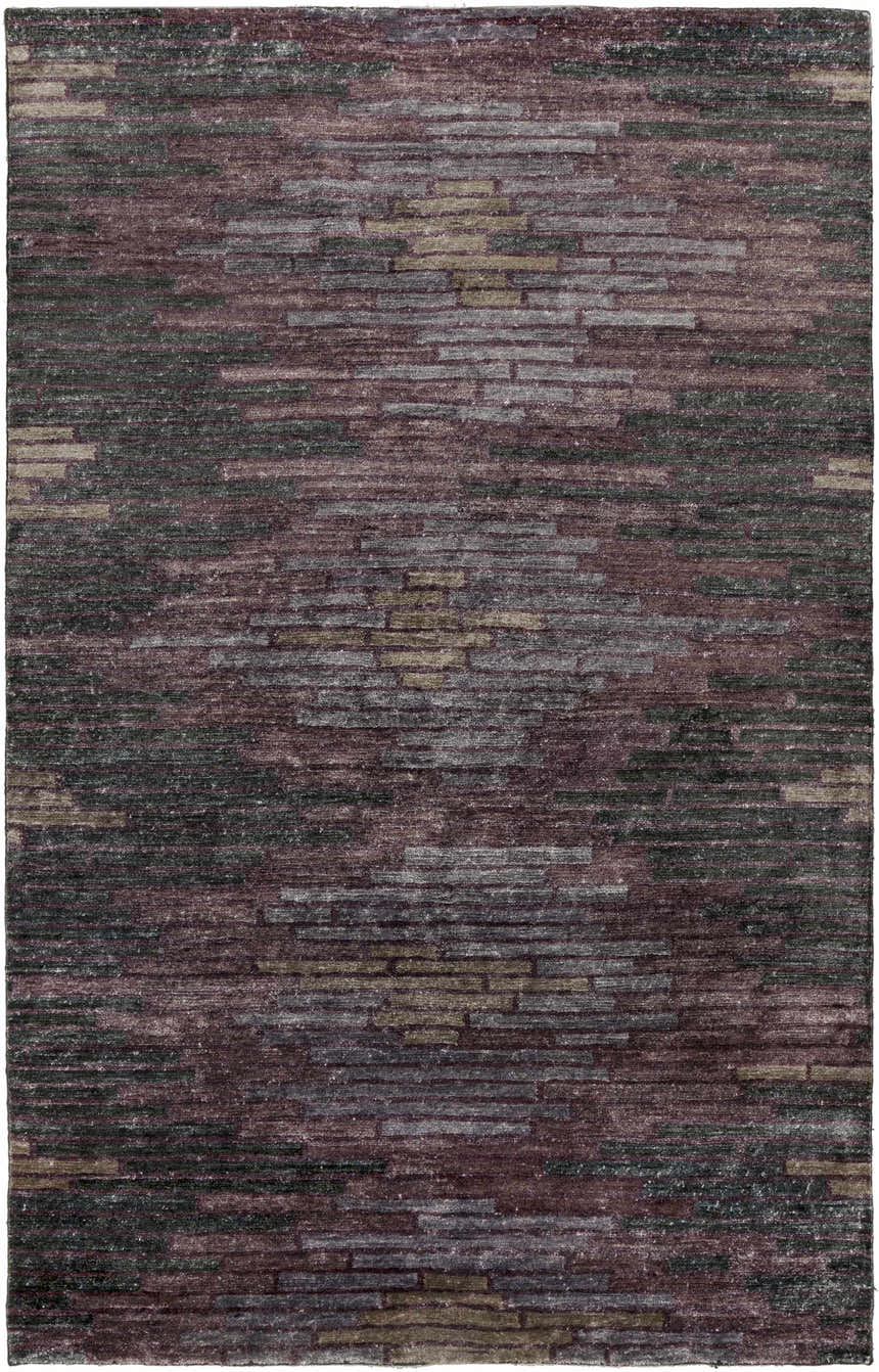 Close-up of a Cherokee Carpet - Clearance rug. Hand-knotted viscose rug in charcoal, gray, light olive, lilac, and plum. Design-Rectangle-58